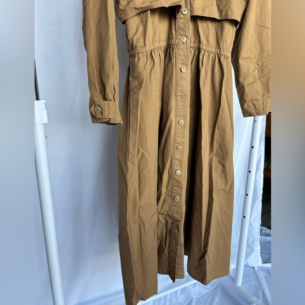 Vintage 1980’s Brown Cotton Trench Long Sleeved Dress With Elastic Waist sz 10 - Picture 6 of 9